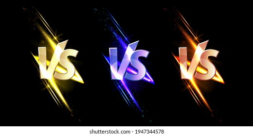 Versus VS signs with glow and sparks, game or sport confrontation symbols on black background with glowing sparkles. Martial arts combat, fight, battle competition challenge, Realistic 3d vector set