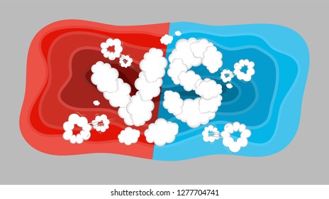 Versus and VS text smoke style with blue and red comic paper cut graphic illustation 