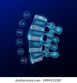 Vertebrae translucent polygon style surrounded by collagen vitamins and minerals calcium zinc magnesium protect and bone spine joint cartilage. On blue background. Vector EPS10.