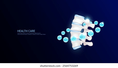 Vertebral anatomy with medical icon sign symbol inside glowing ball surrounded. Human spinal bone organ on dark blue background. Medical science health care concept. Banner Vector.