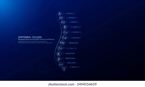 Columna vertebral. Fortalecer la inmunidad ósea con vitaminas minerales colágeno y calcio zinc magnesio proteger y la columna vertebral del hueso cartílago articular. Sobre fondo azul. Vector EPS 10.