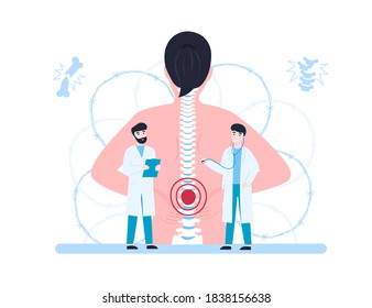 Vertebrologist, Concept Woman With Back Pain And Doctors Examination Patient. Flat Vector Cartoon Modern Illustration.