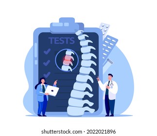 Vertebrologist Orthopedics Scientists Doctors Examine Back Spine Pain,Slipped Disk,Osteochondrosis,X Ray Radiography,Rontgen Tests.Clinical Investigation.Medical Council Diagnostic.Vector Illustration