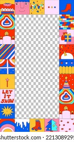 vertical 00s template for social media.transparent frame.1970 psychedelic christmas poster.Acid, trippy art placard.90s and 2000s new year postcard.2000s template for stories.Groove and funky collage