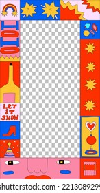 vertical 00s template for social media.transparent frame.1970 psychedelic christmas poster.Acid, trippy art placard.90s and 2000s new year postcard.2000s template for stories.Groove and funky collage