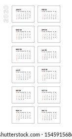 Vertical 2020 calendar template. Week starts on Sunday. Calendar isolated on white background for organization and business. Simple and clean design. Vector illustration