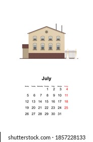 Calendario vertical de pared de 2021 años para el mes de julio. Acogedor hogar con antecedentes blancos Julio,