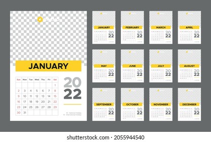 Vertical 2022 new year wall calendar, planner and schedule for print. Weeks start on sunday