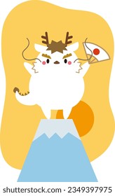 Vertical 2024 New Year's card with cute Year of the Dragon character and sunrise Mt Fuji Yellow Background