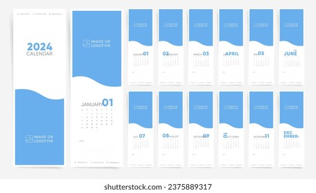 Vertical 2024 Year Calendar Template. with free space for branding or image. Modern Sunday Start Portable 2024 Calendar. 