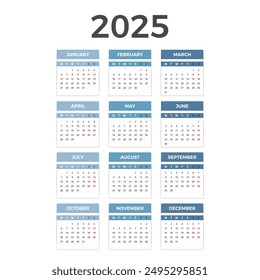 Vertical 2025 Calendar, week starts on Monday, vector eps10 illustration