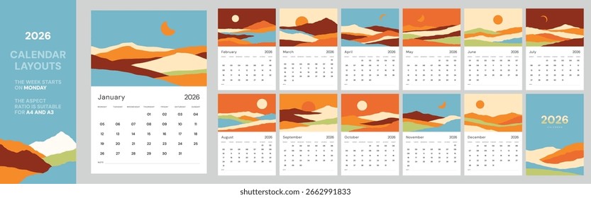 Vertical 2026 calendar layout template, modern abstract landscape illustrations in warm earthy tones, minimal design, week starts Monday, suitable for printing A4, A3 format paper, 12 months included