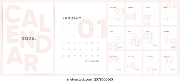 Vertical 2026 Calendar Template Design. Week starts on Sunday office calendar. Desktop or Wall planner in simple clean style. Corporate modern clean calendar 2026. English vector 2026 calendar pages.