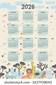 Vertical 2026 single page vector calendar with a cute safari animal theme. Illustration features a group of animals at the bottom. Starts on Sunday, in English language. For childrens planners.