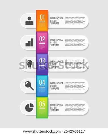 Vertical 3D Infographic Template. Five Processes or Steps with Business Icons and Space for Data