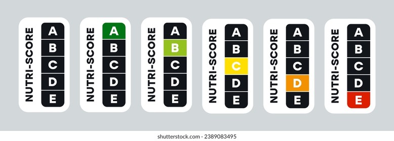 Vertical 5-Colour Nutrition Label indicator from green (grade A) to red (grade E) on white background. Nutri-Score system sign for packaging design. Vector illustration 