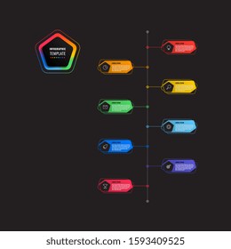 vertical 8 steps timeline infographic template with pentagons and polygonal elements on a black background. modern business process visualisation with thin line marketing icons. vector illustration