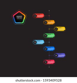 vertical 8 steps timeline infographic template with pentagons and polygonal elements on a black background. modern business process visualisation with thin line marketing icons. vector illustration