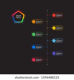 vertical 8 steps timeline infographic template with pentagons and polygonal elements on a black background. modern business process visualisation with thin line marketing icons. vector illustration