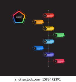 vertical 8 steps timeline infographic template with pentagons and polygonal elements on a black background. modern business process visualisation with thin line marketing icons. vector illustration