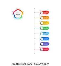 vertical 8 steps timeline infographic template with pentagons and polygonal elements on a white background. modern business process visualisation with thin line marketing icons. vector illustration