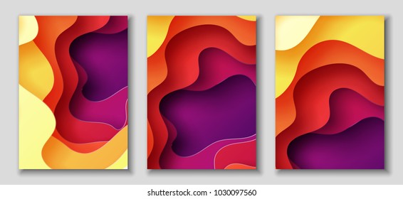 Vertical A4 banners with 3D abstract background with red, purple, violet, yellow paper cut waves. Contrast colors. Vector design layout for presentations, flyers, posters