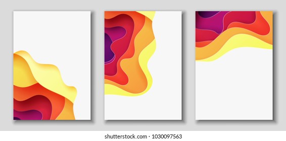 Vertical A4 banners with 3D abstract background with red, purple, violet, yellow paper cut waves. Contrast colors. Vector design layout for presentations, flyers, posters