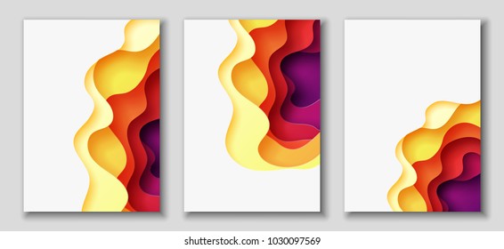 Vertical A4 banners with 3D abstract background with red, purple, violet, yellow paper cut waves. Contrast colors. Vector design layout for presentations, flyers, posters