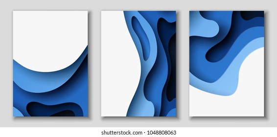 Banners verticales A4 con fondo abstracto 3D con ondas de corte en papel azul. Colores de contraste. Diseño de vectores para presentaciones, volantes y carteles