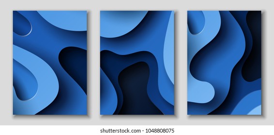 Vertical A4 banners with 3D abstract background with blue paper cut waves. Contrast colors. Vector design layout for presentations, flyers, posters