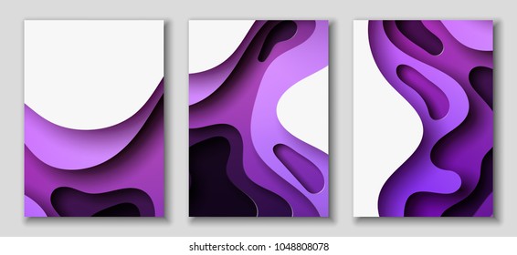 Vertical A4 banners with 3D abstract background with purple paper cut waves. Contrast colors. Vector design layout for presentations, flyers, posters