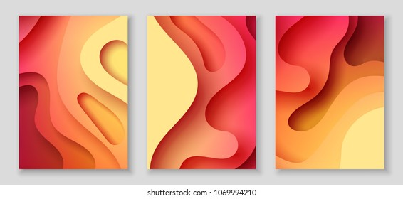 Vertical A4 banners with 3D abstract background with red, orange and yellow paper cut waves and background. Vector design layout for presentations, flyers, posters