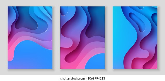 Vertical A4 banners with 3D abstract background with blue and pink paper cut waves and background. Vector design layout for presentations, flyers, posters