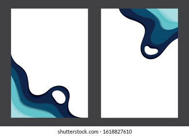 Vertical A4 banners with 3D abstract background with blue paper cut waves. Contrast colors. Vector, flyers, posters