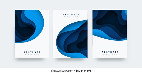 Vertical A4 banners with 3D abstract background with blue paper cut waves. Contrast colors. Vector design layout for presentations, flyers, posters