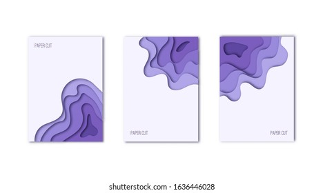 Vertical A4 banners with 3D abstract purple flowing liquid background. Design layout for brochures, flyers, posters or invitations. Paper cut out art digital craft style. Vector illustration