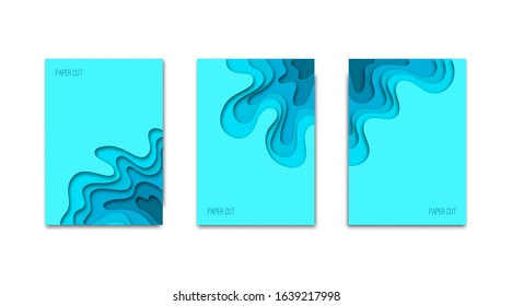 Vertical A4 banners with 3D abstract flowing blue liquid background. Design layout for brochures, flyers, posters or invitations. Paper cut out art digital craft style. Vector illustration