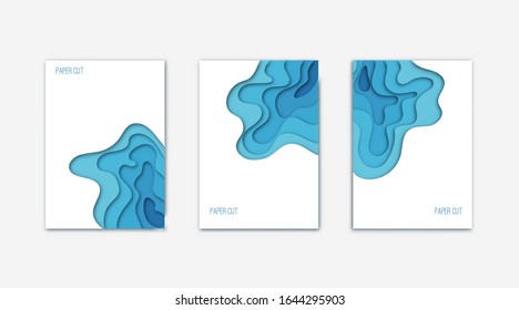 Vertical A4 banners with 3D abstract flowing blue and white liquid background. Design layout for brochures, flyers, posters or invitations. Paper cut out art digital craft style. Vector illustration