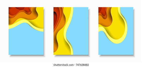 Vertical A4 banners with 3D abstract background with orange paper cut waves. Contrast colors. Vector design layout for presentations, flyers, posters and invitations.