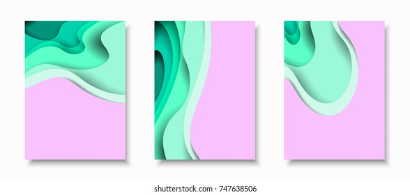 Vertical A4 banners with 3D abstract background with turquoise paper cut waves. Contrast colors. Vector design layout for presentations, flyers, posters and invitations.