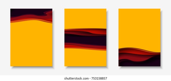 Vertical A4 banners with 3D abstract background with red, purple, violet paper cut waves. Contrast colors. Vector design layout for presentations, flyers, posters and invitations
