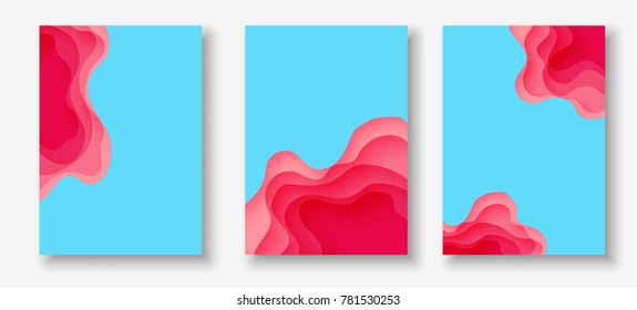 Vertical A4 banners with 3D abstract background with pink paper cut waves and blue background. Contrast colors. Vector design layout for presentations, flyers, posters and invitations.