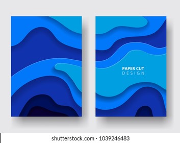 Vertical A4 covers with 3D abstract background. Paper cut design. Blue color. Design for report annual, brochure, flyers, magazine, posters, catalogs, banners. Carving art. Vector illustration.