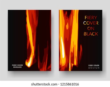 Vertical A4 covers with abstract fire on black background. Flame on black. Red and yellow color. Design for report annual, brochure, flyers, magazine, posters, catalogs, banners. Vector illustration.