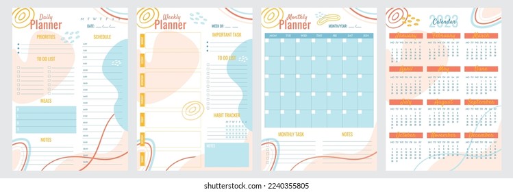 Vertical A4 format daily, weekly, monthly plan and calendar 2023 year. Personal planners page templates with abstract elements design. Vector journal for daily routine