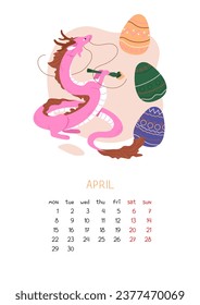 Vertical A4 page format for spring month of April 2024. Pink Chinese dragon decorates Easter eggs for holiday. Symbol of Chinese Lunar New Year 2024. Vector illustration isolated on white background