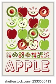 Vertical A4 poster with fruit apple, abstract shapes in simple geometric bauhaus style. Good for branding, decoration of food package, cover design, decorative print, background, wall decoration