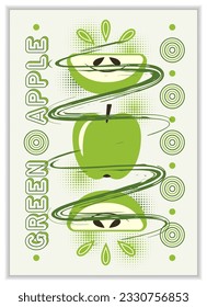 Vertical A4 poster with green apple, abstract shapes in simple geometric bauhaus style. Good for branding, decoration of food package, cover design, decorative print, background, wall decoration