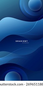 Vertical abstract background in blue tones with soft wave lines and floating 3D spheres