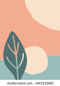 Vertical abstract background with geometric shapes and plant leaf. Paint, watercolor, sketch. Modern vector illustration.